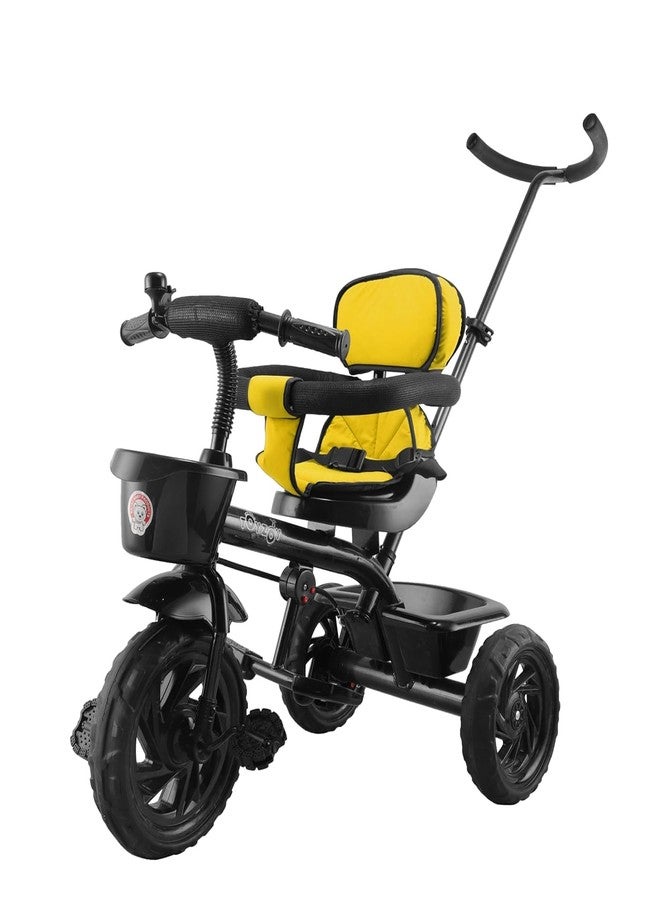 JoyRide Learn-to-Ride Trike on 3 Wheels with Safety Harness, Non-Slip Pedal,Storage Basket and Removable Parent Handle (Yellow) - Image 1